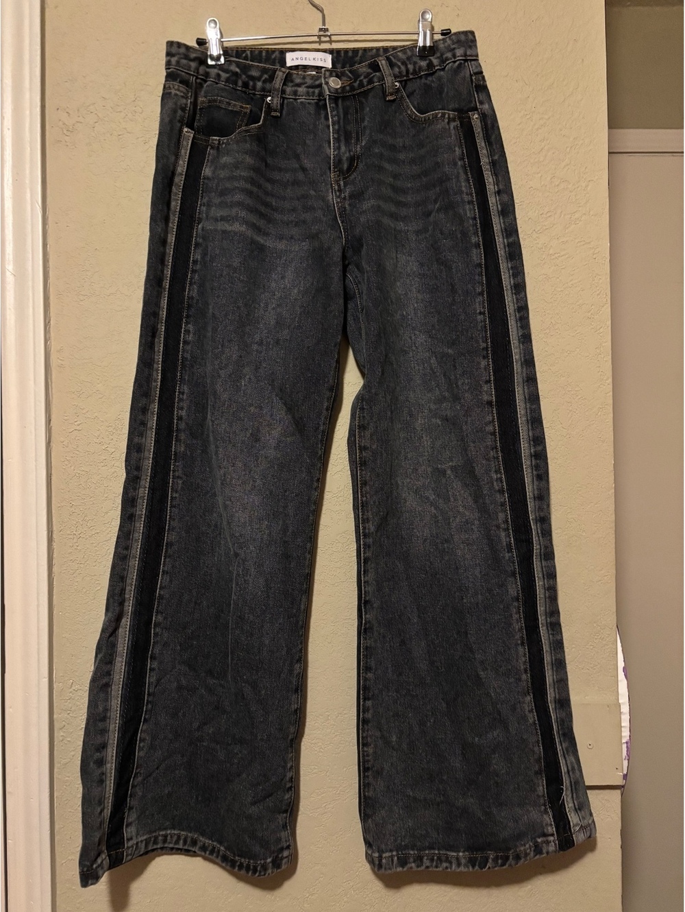 Angel Kiss Wide Leg Black Denim Jeans with Side Stripe